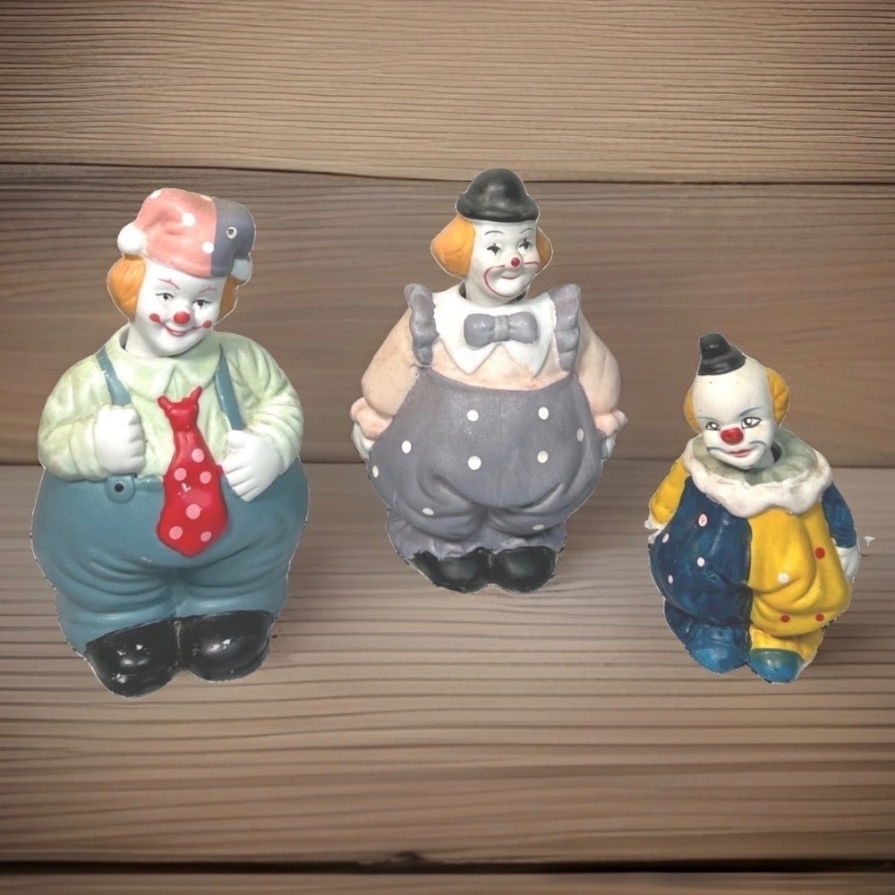Circus Clown Figurines Bobble Heads Ceramic Hand Painted Hobo Whimsical Lot of 3